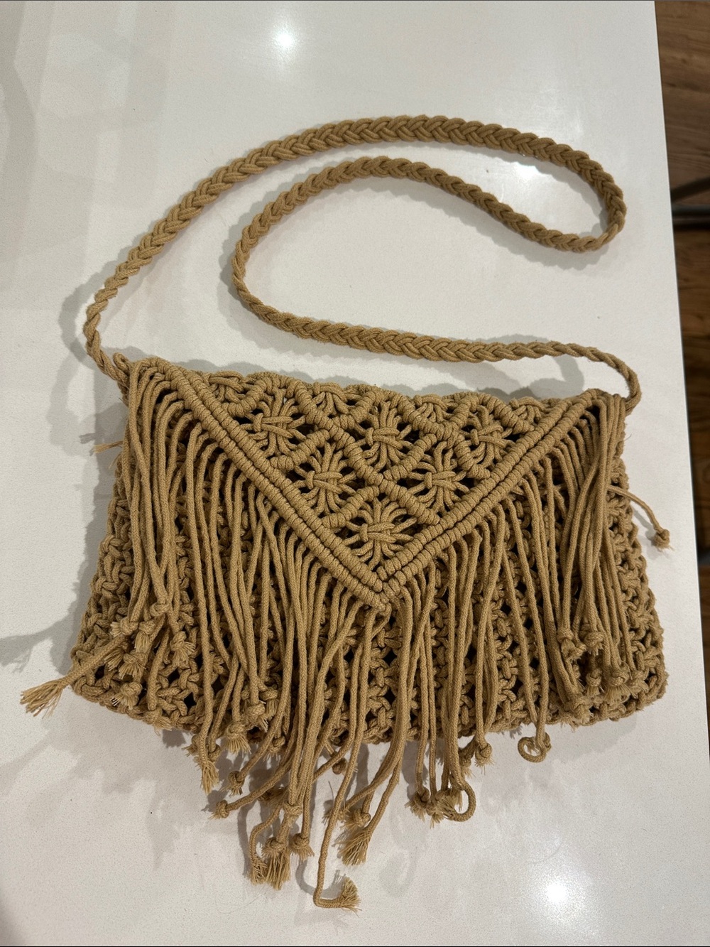 KLUTCH- Woven Macrame Fringe Crossbody Bag - Tan